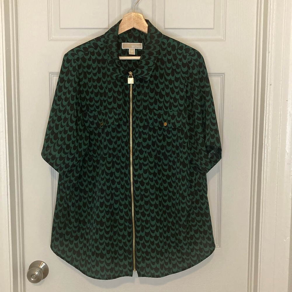 Michael Kors Black & Emerald Zip Up Blouse